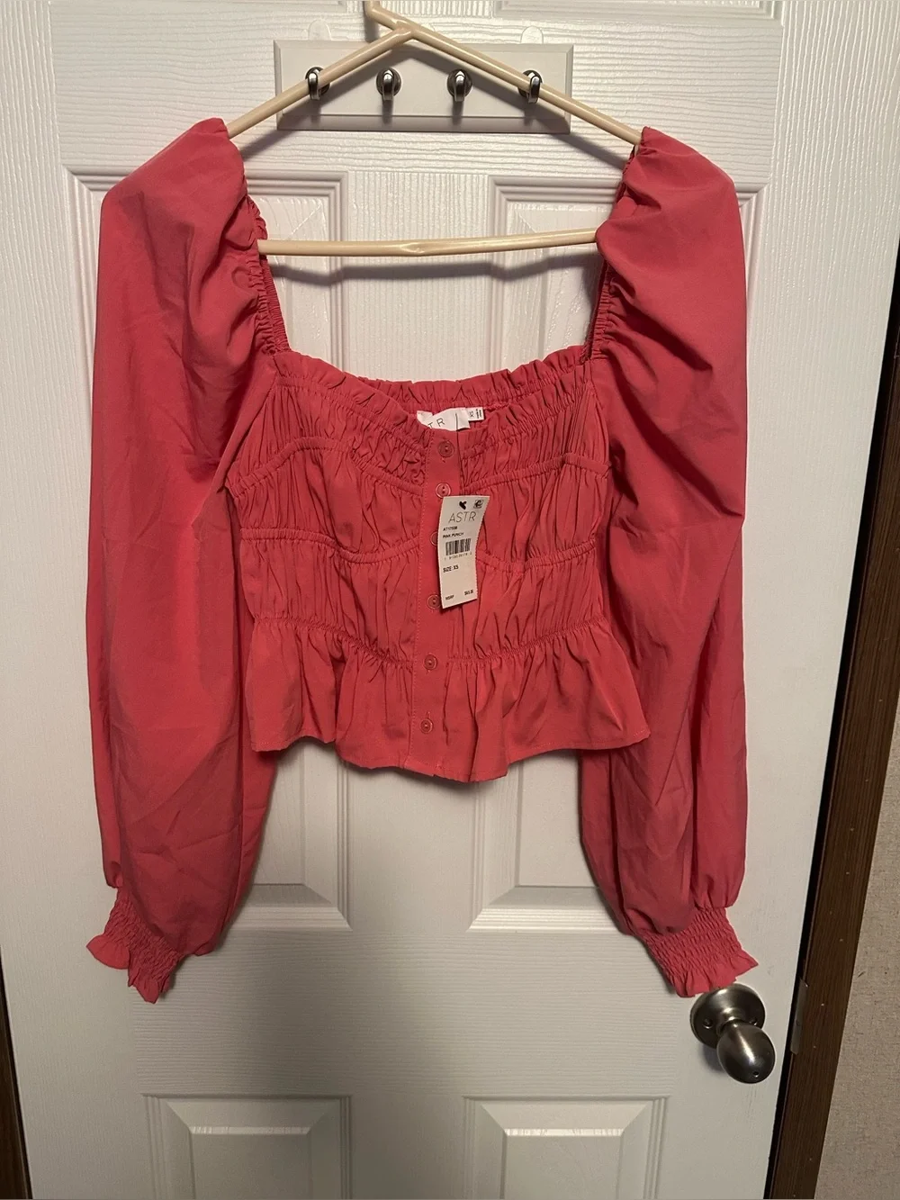 Astr Rose Pink Smocked Square-Neck Button Crop Blouse